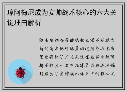 琼阿梅尼成为安帅战术核心的六大关键理由解析