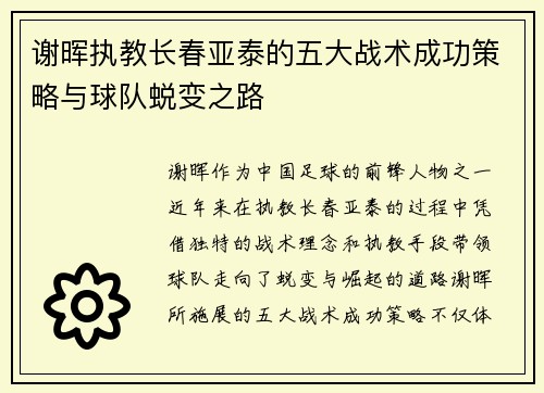 谢晖执教长春亚泰的五大战术成功策略与球队蜕变之路